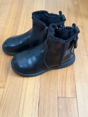 Kids Black Ankle Boots with Bows & Pom Trim - US2-2.5/EURO34